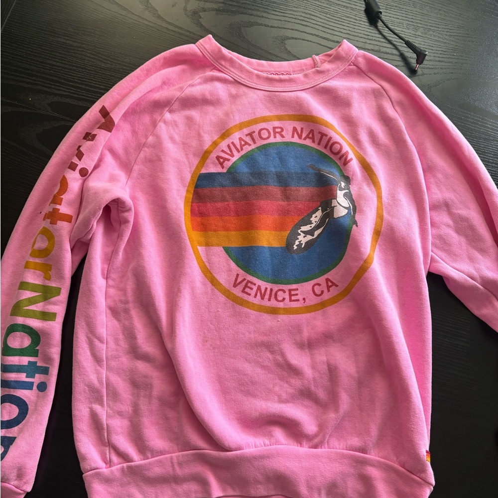Aviator Nation Pink Rainbow Stripe Seal Crewneck Sweatshirt